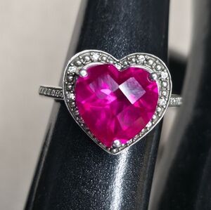 P☆M 925 Sterling Silver Lab Created Ruby Heart Stone Marcasite Ring Size 6.5